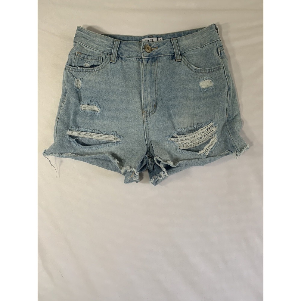 RUE 21 WOMENS 8 JEAN DENIM‎ SHORTS 100% COTTON DISTRESSED BLUE LIGHT HIGH RISE
